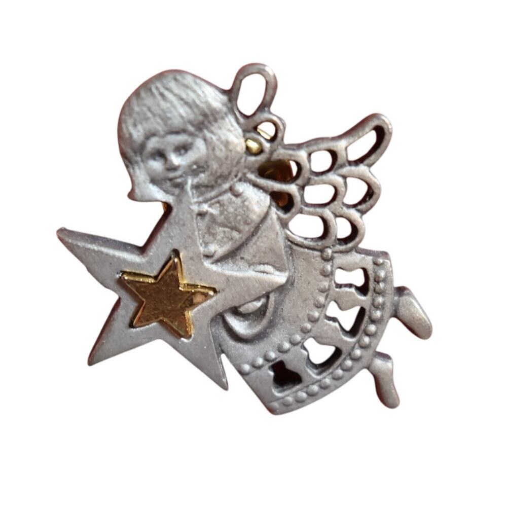 Vintage Silver & Gold Tone Guardian Angel Christmas Star Lapel Pin - Picture 6 of 10